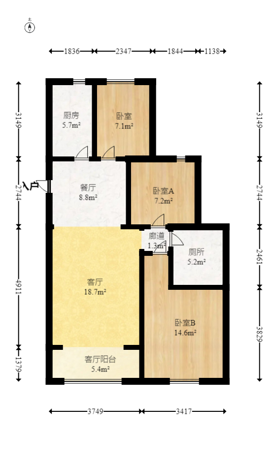 恒大文化旅游城A区  3室2厅1卫   85.00万室内图1