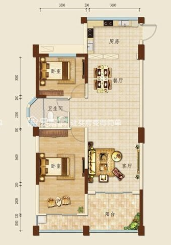 地中海湾  2室2厅2卫   360.00万客厅