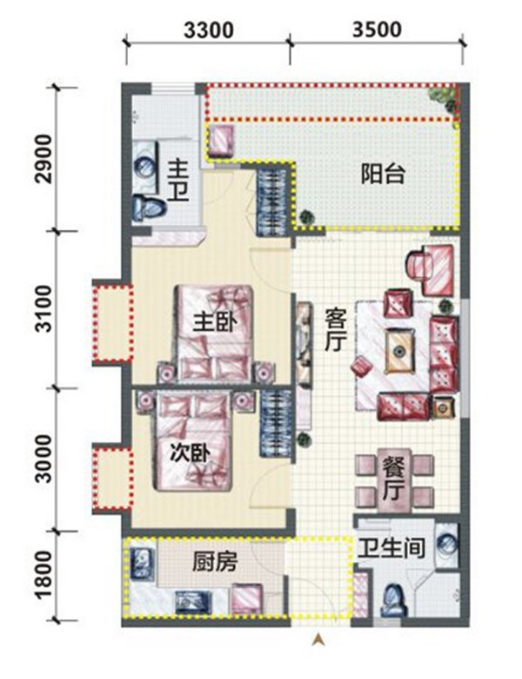 和泓假日阳光  2室1厅2卫   165.00万客厅