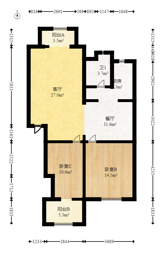 紫薇苑  2室2厅1卫   84.80万室内图1