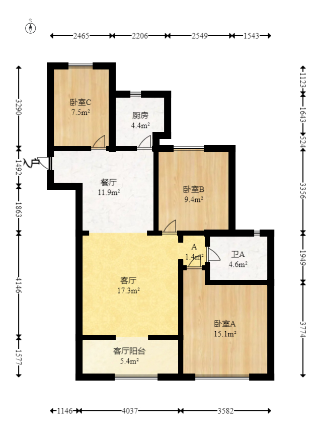 旭辉藏郡（藏郡、旭湘华府)  3室2厅1卫    265.0万室内图1
