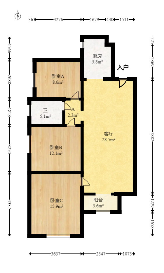 五矿沁园金城（春和景园）  1室2厅1卫   88.50万室内图1