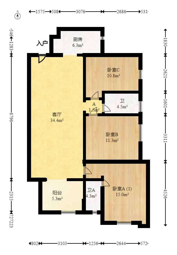 万科里梅溪郡  3室2厅2卫   195.00万室内图1