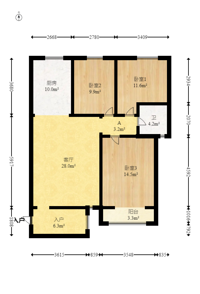华银南苑融域  3室2厅1卫   110.00万室内图1