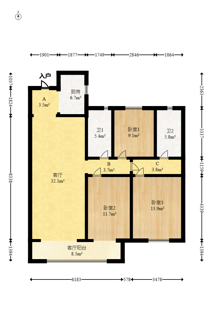 弘阳昕悦府 3室2厅2卫 108.8万 弘阳昕悦府 3室2厅2卫 108.8万户型图