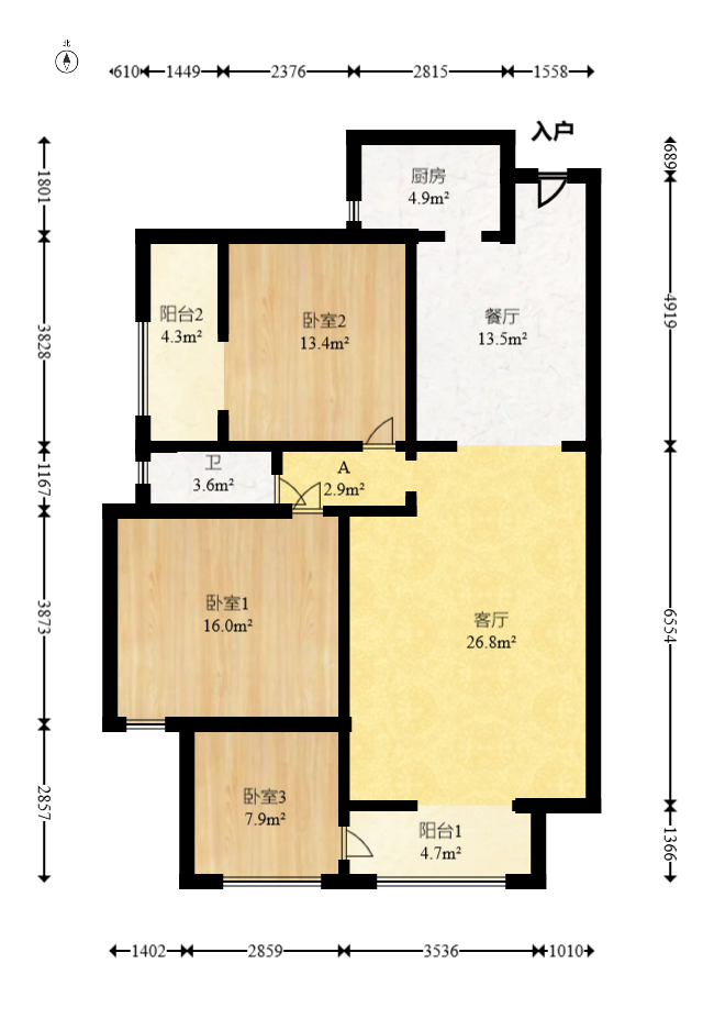 慢步江湾  3室2厅1卫   110.00万室内图1
