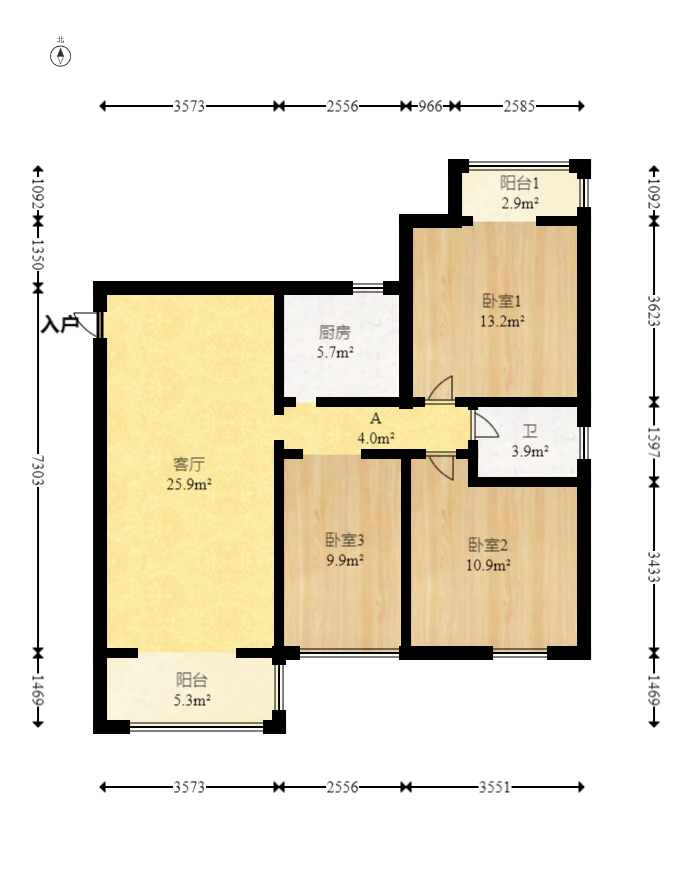 尊邸华庭  3室2厅1卫   90.00万室内图1