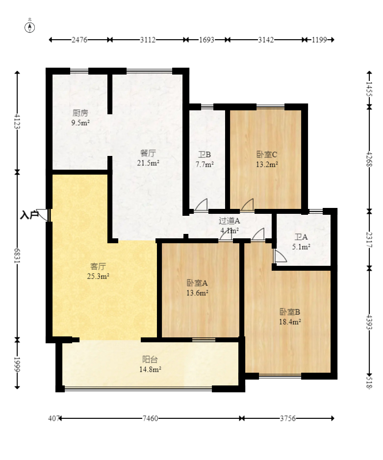 金质嘉苑  3室2厅2卫   90.00万室内图1
