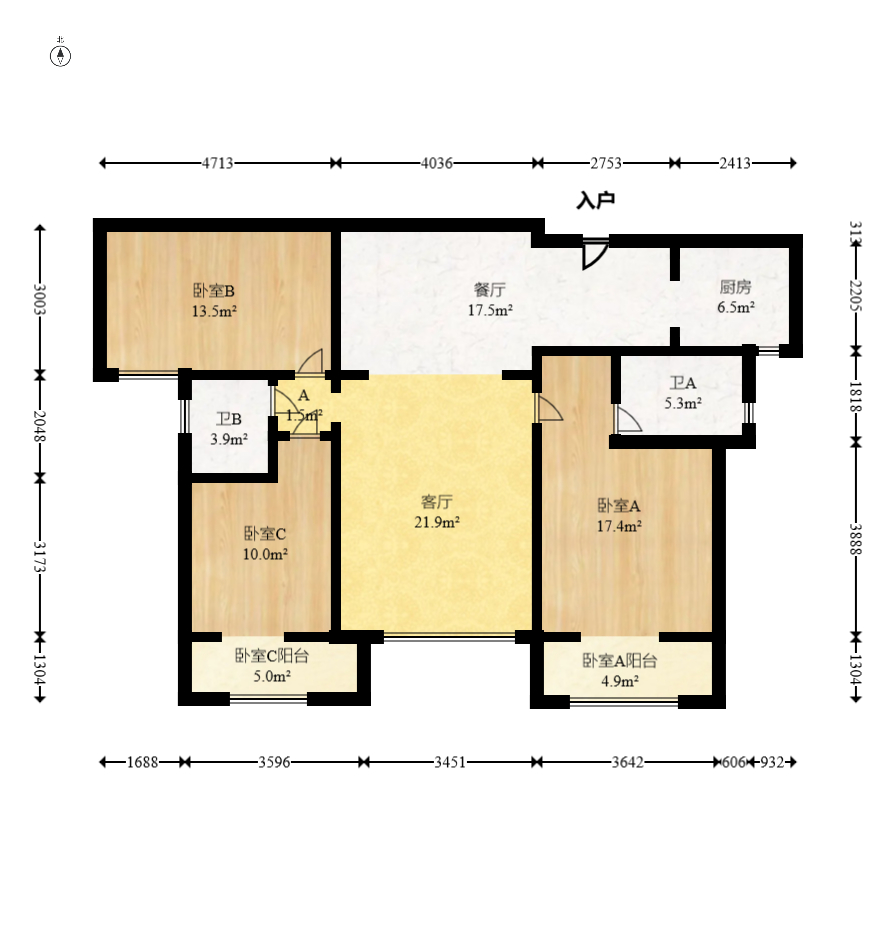 八方小区B区  3室2厅2卫   398.00万室内图1