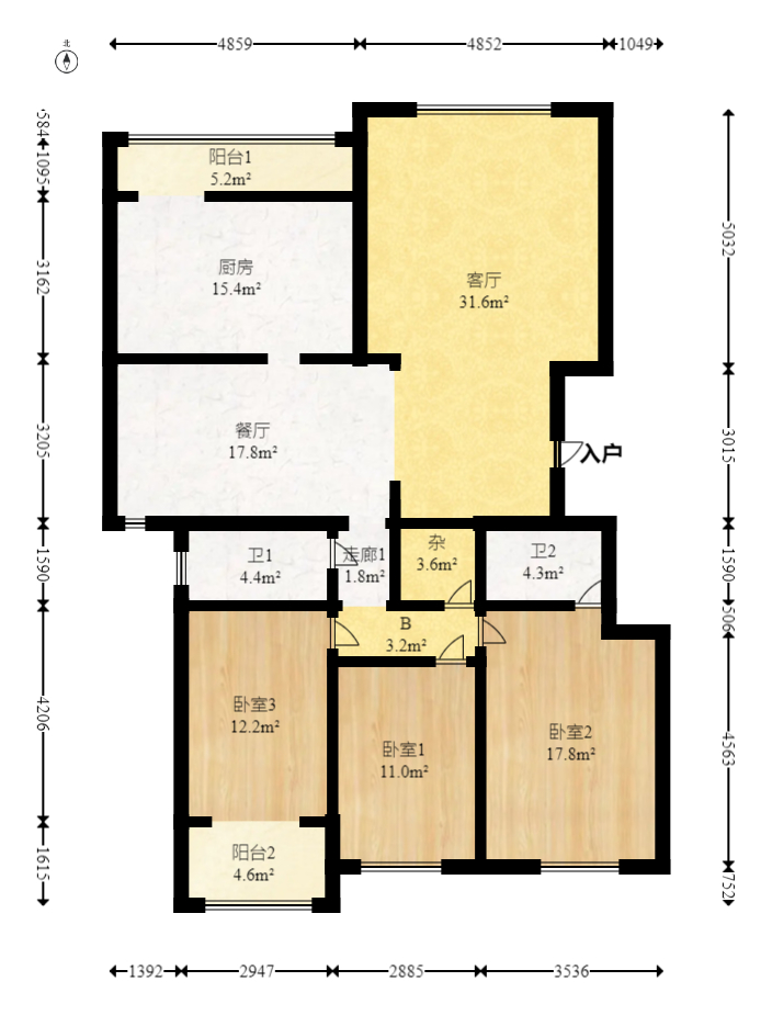 金信阳光在线  3室2厅1卫   120.00万室内图1
