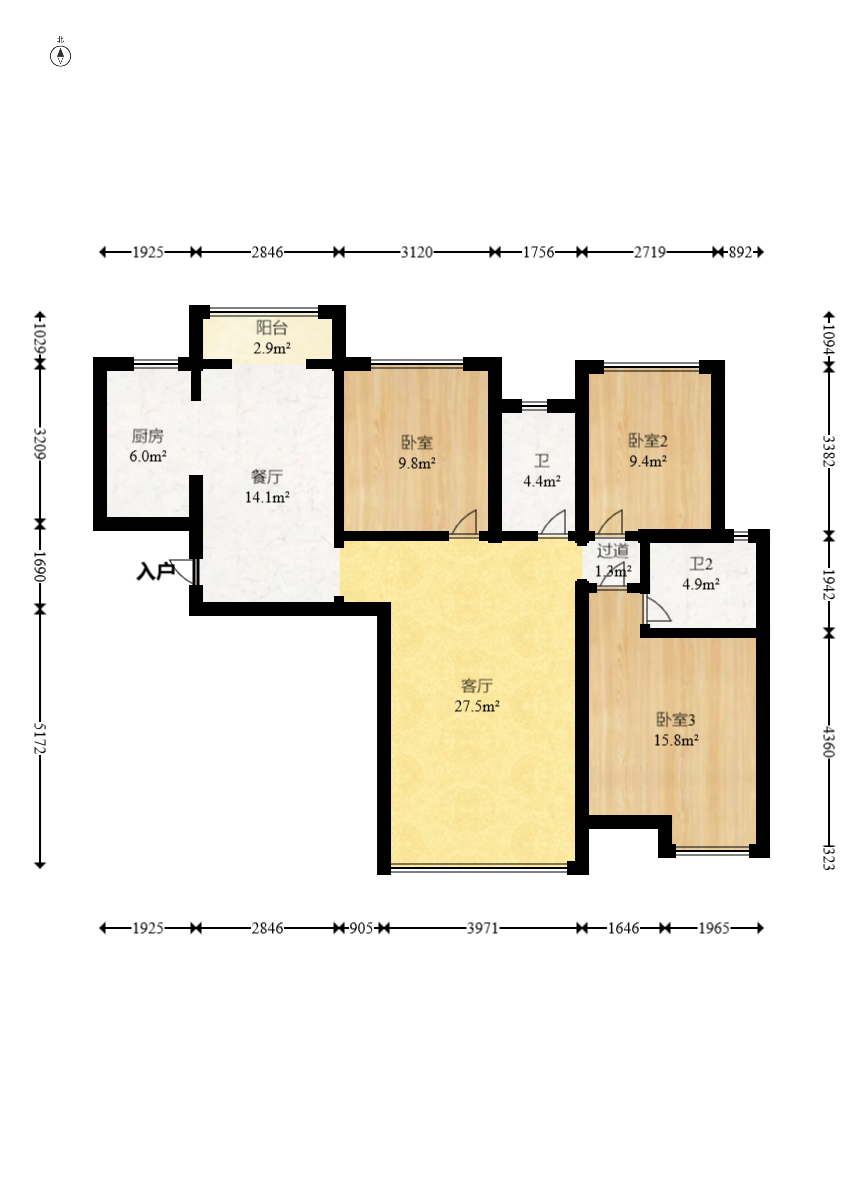 长房云时代  3室2厅2卫   145.00万室内图1