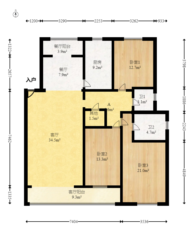 柠檬丽都  3室2厅2卫   114.00万室内图1