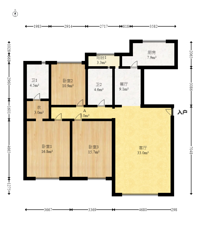 新华都万家城  3室2厅2卫   125.80万室内图1
