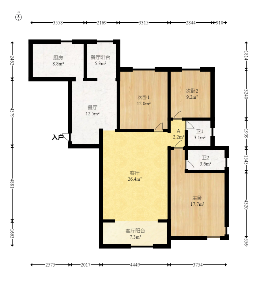 彩都公寓  3室2厅2卫    76.0万室内图1