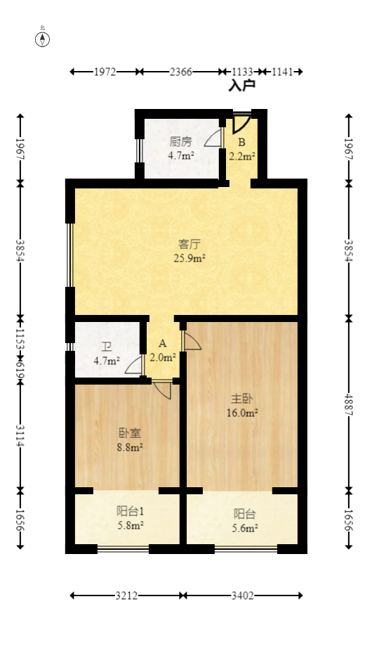 竹园公寓  2室2厅1卫   72.80万室内图1