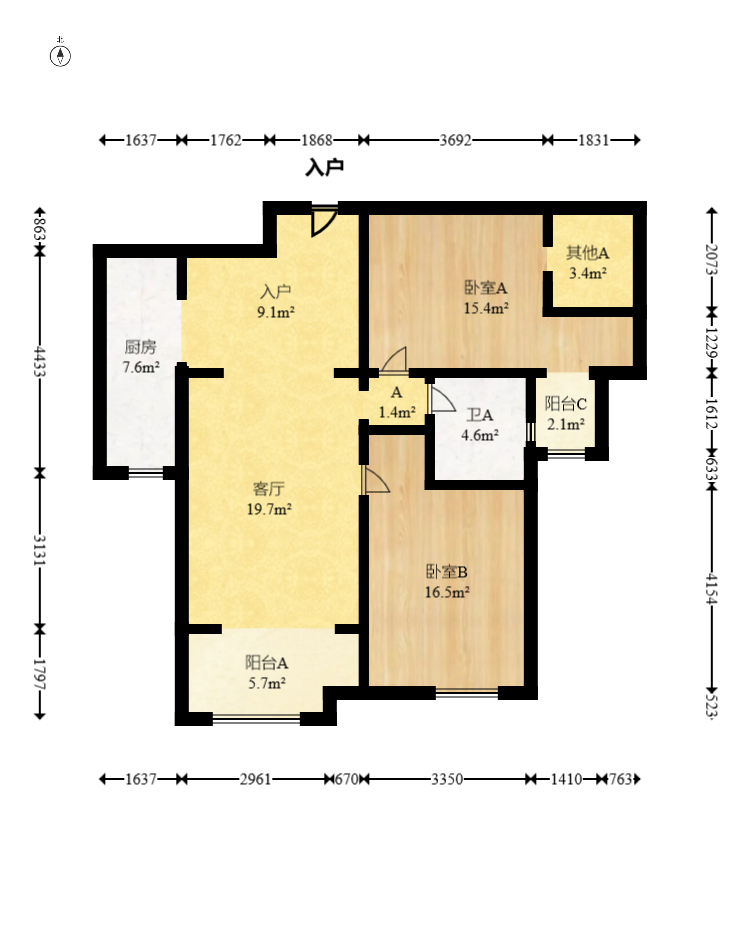 五矿万境水岸二期（五矿万境水岸和苑）  2室2厅1卫   120.00万室内图1