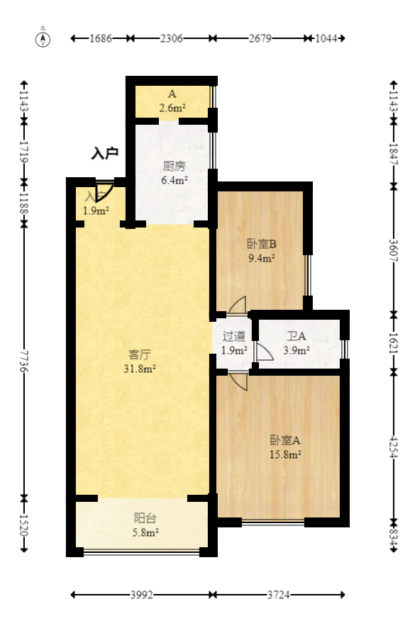 宏聚地中海  2室1厅1卫   95.00万室内图1