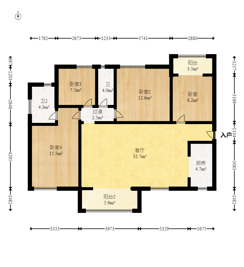 清控湖山雅居北区  4室2厅2卫   124.00万室内图1