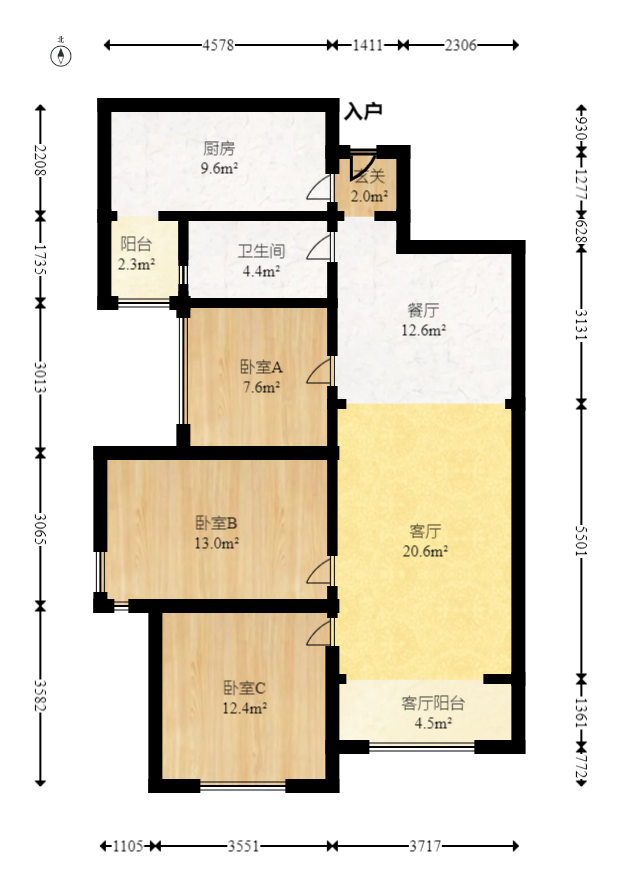 中信凯旋蓝岸（中信新城三期）  3室2厅1卫   80.00万室内图1
