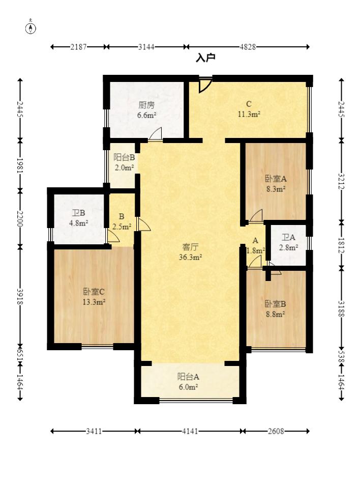 宏聚地中海 3室2厅2卫 95.0万 宏聚地中海 3室2厅2卫 95.0万户型图