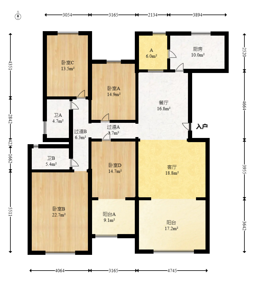 湘核新家园  4室2厅2卫   130.00万室内图1