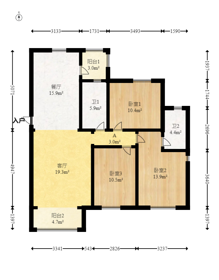 伊景园滨河苑  3室2厅2卫   110.00万室内图1