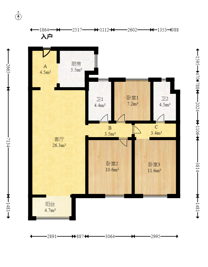 万科魅力之城  3室2厅2卫   108.00万室内图1