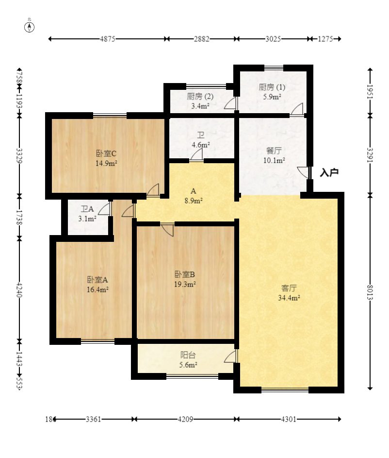 望开宿舍  3室2厅2卫   88.00万室内图1