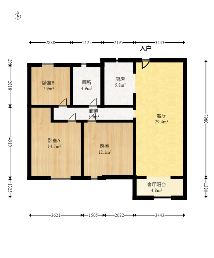 兰亭湾畔  3室2厅1卫   111.00万室内图1