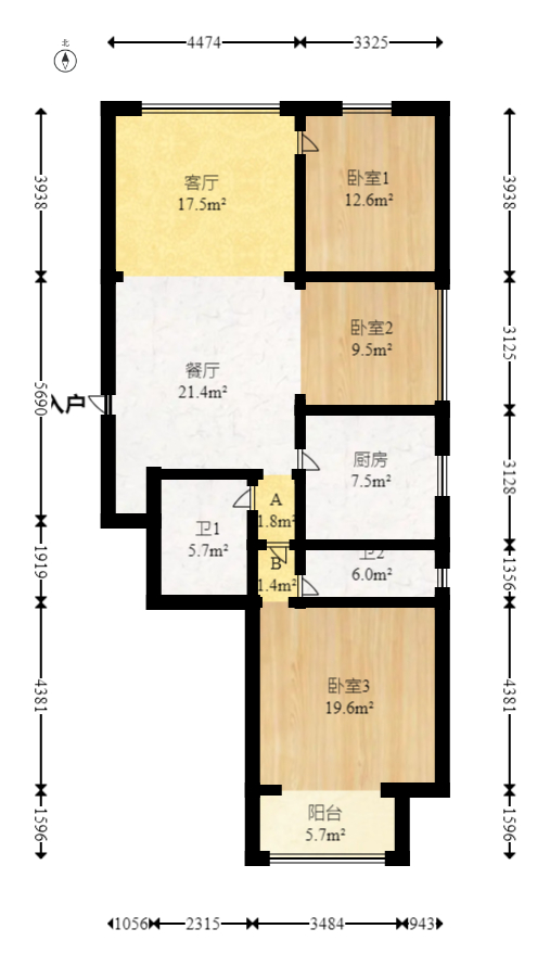 中惠锦堂  3室2厅1卫   135.00万室内图1