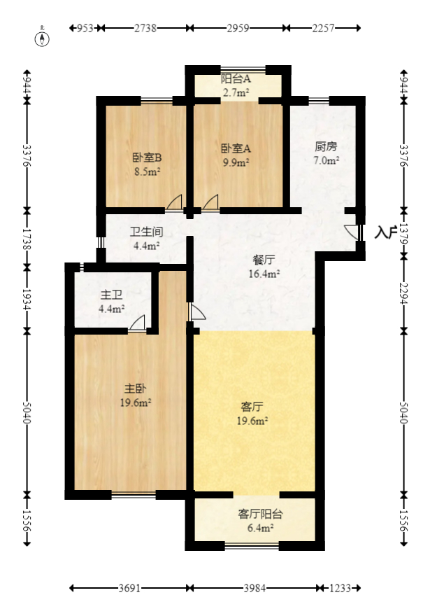 北辰中央公园DF区  3室2厅2卫   120.00万室内图1