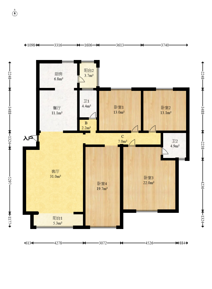 上河国际C区  4室2厅1卫    128.0万室内图1