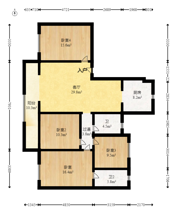 奥克斯缔壹城  4室2厅2卫   168.00万室内图1