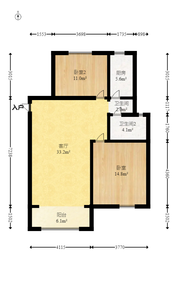 东岸锦城(东方人家)  2室1厅1卫   55.00万室内图1
