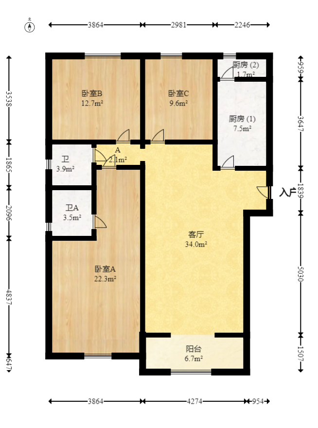 中房F联邦  3室2厅2卫   85.00万室内图1