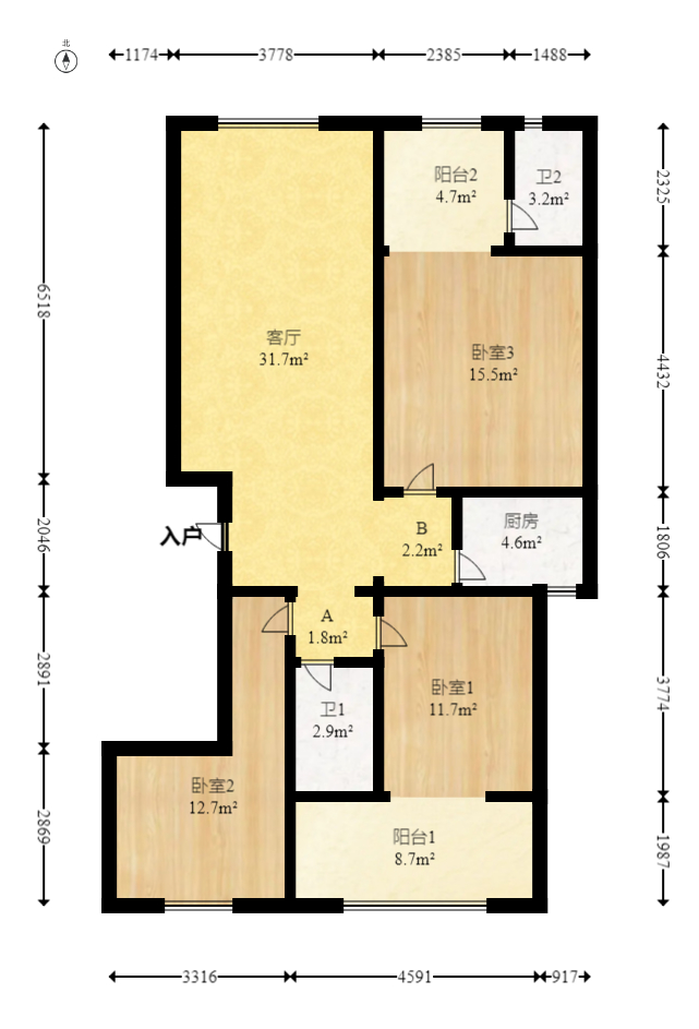 华新花苑  3室2厅2卫   89.80万室内图1