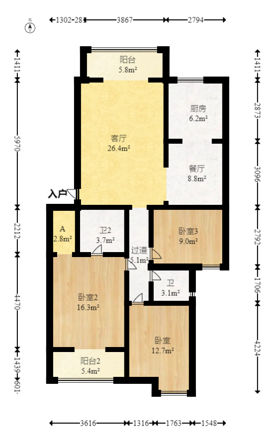 水木兰庭  3室2厅2卫   88.00万室内图1