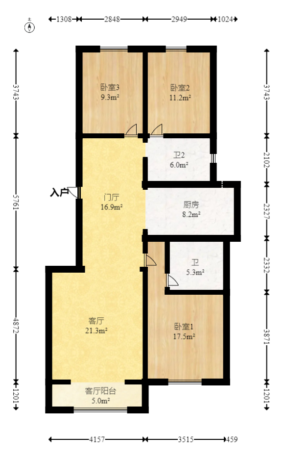 柠檬丽都  3室2厅2卫   98.00万室内图1