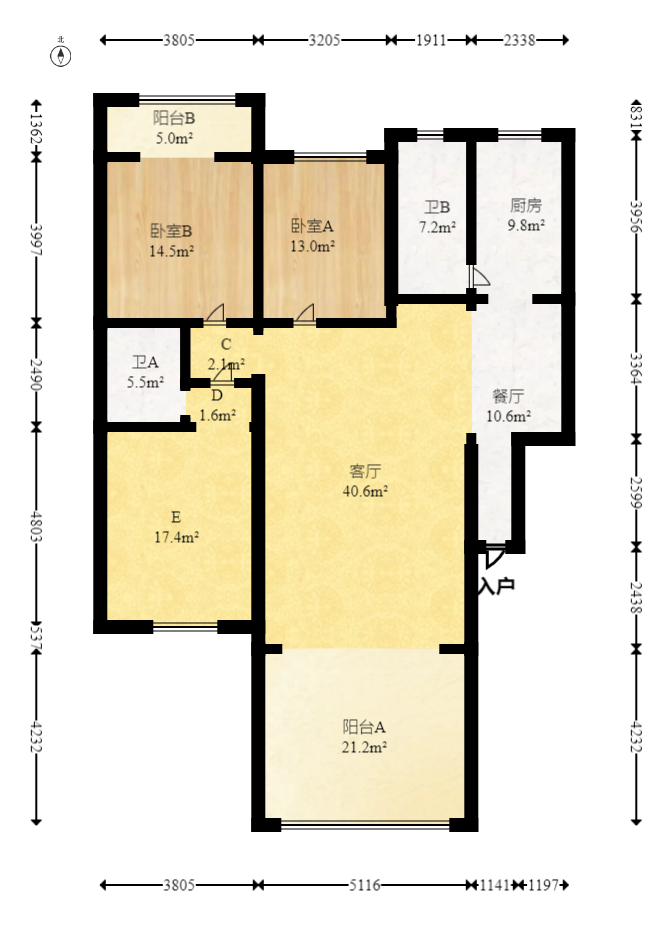 美林景园  3室2厅2卫   116.00万室内图1