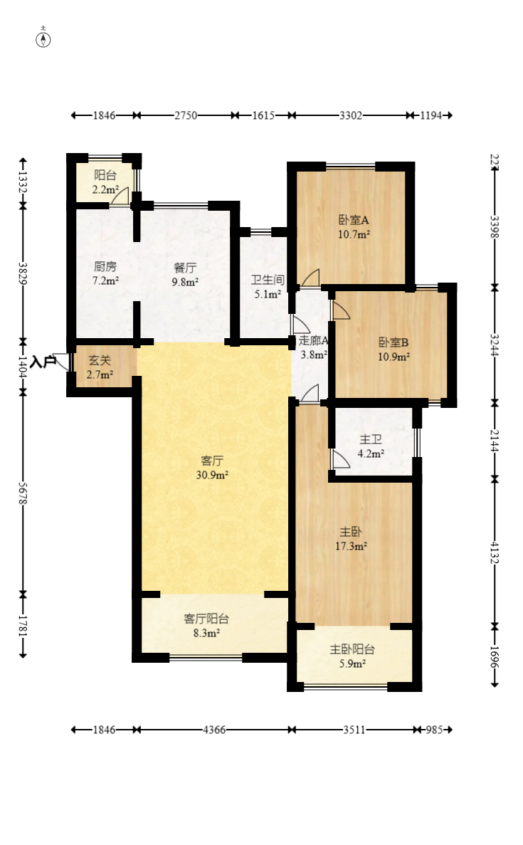 北辰中央公园A区  3室2厅2卫   138.00万室内图1