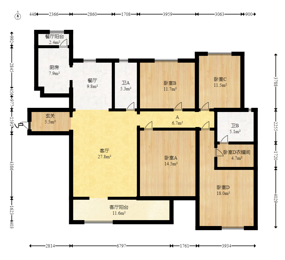 八方小区C区  4室2厅2卫   465.00万室内图1