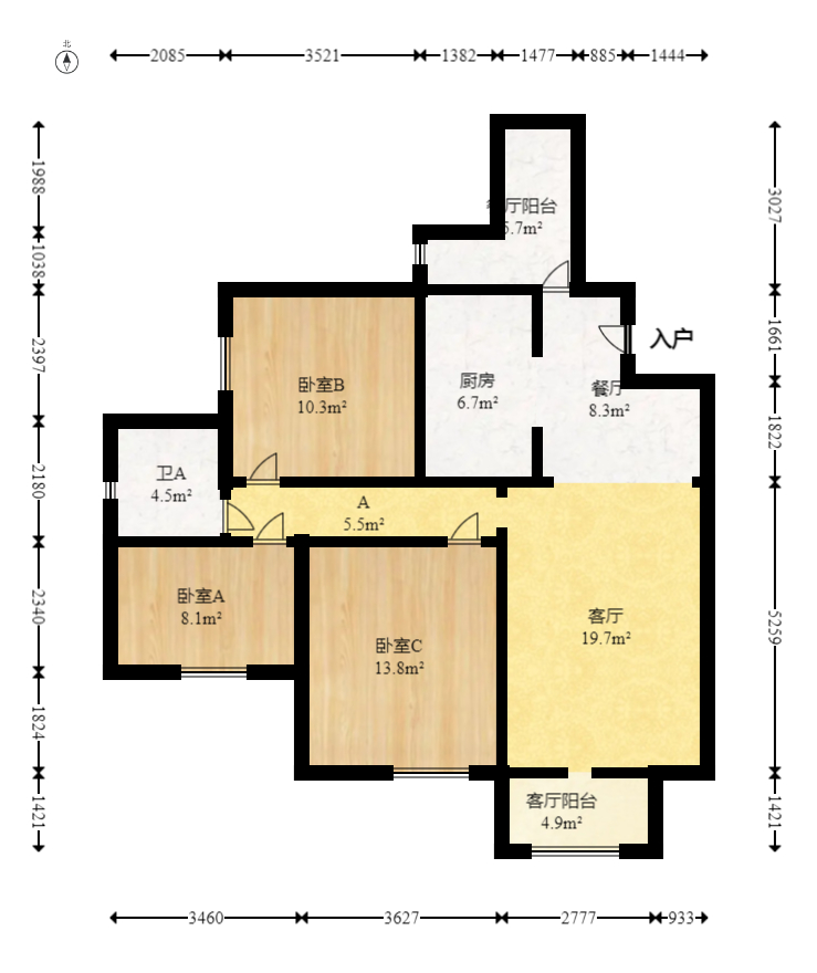 钰龙天下一期  3室2厅1卫   265.00万室内图1