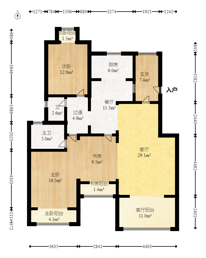 幸福考拉  3室2厅2卫   128.00万室内图1