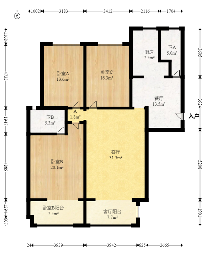 八方小区B区  3室2厅2卫   456.00万室内图1