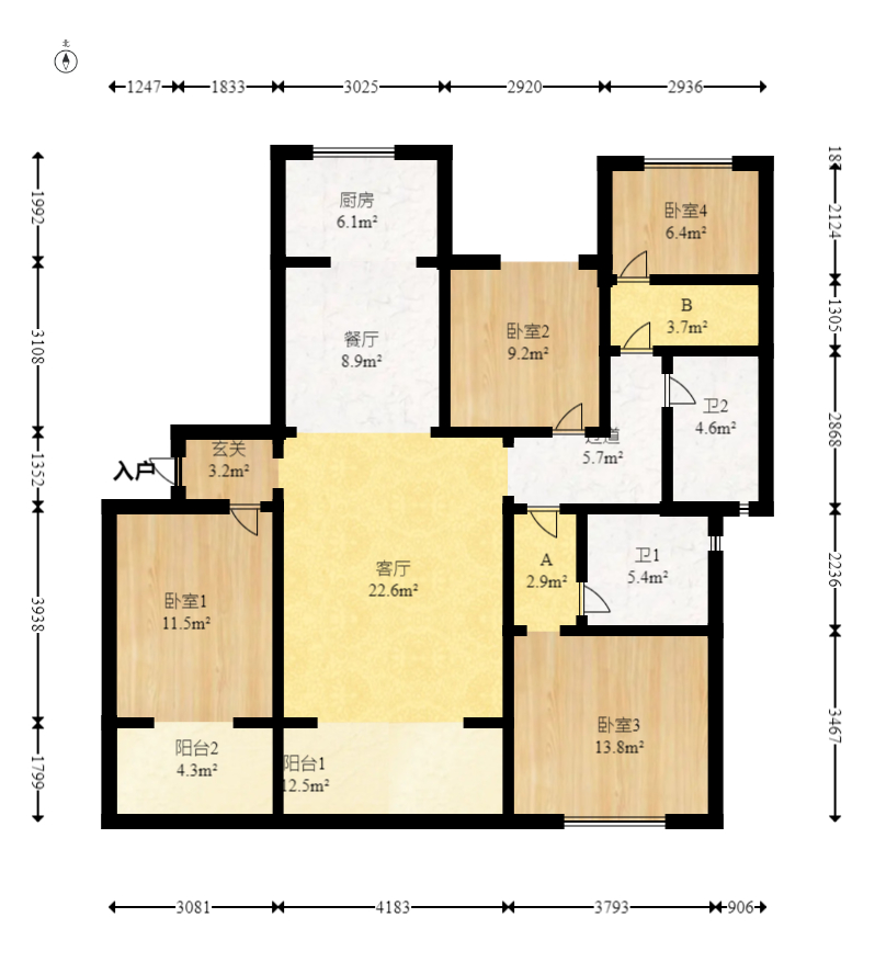 新城观山印  4室2厅2卫   168.00万室内图1