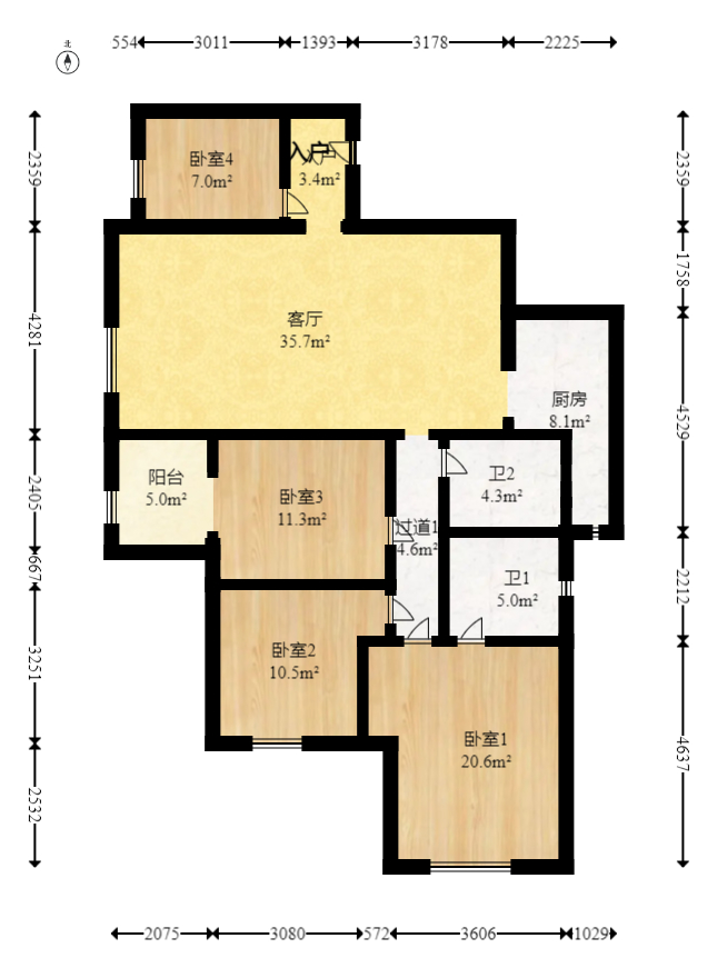 兴威帕克水岸  4室2厅2卫   130.00万室内图1
