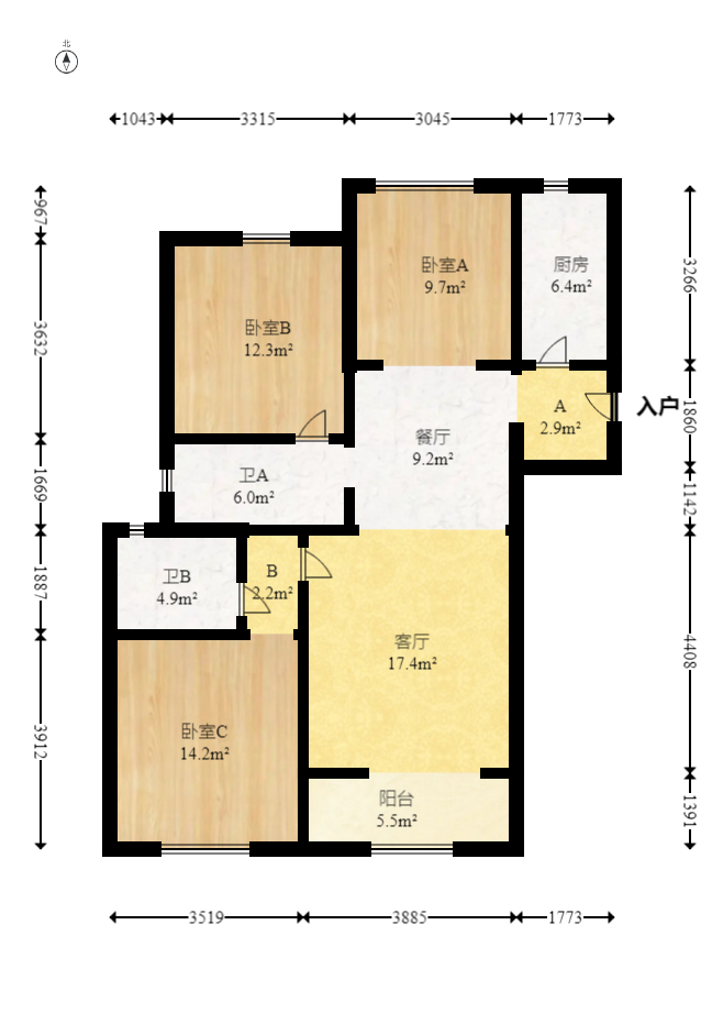 绿地新都会  3室1厅2卫   78.00万室内图1