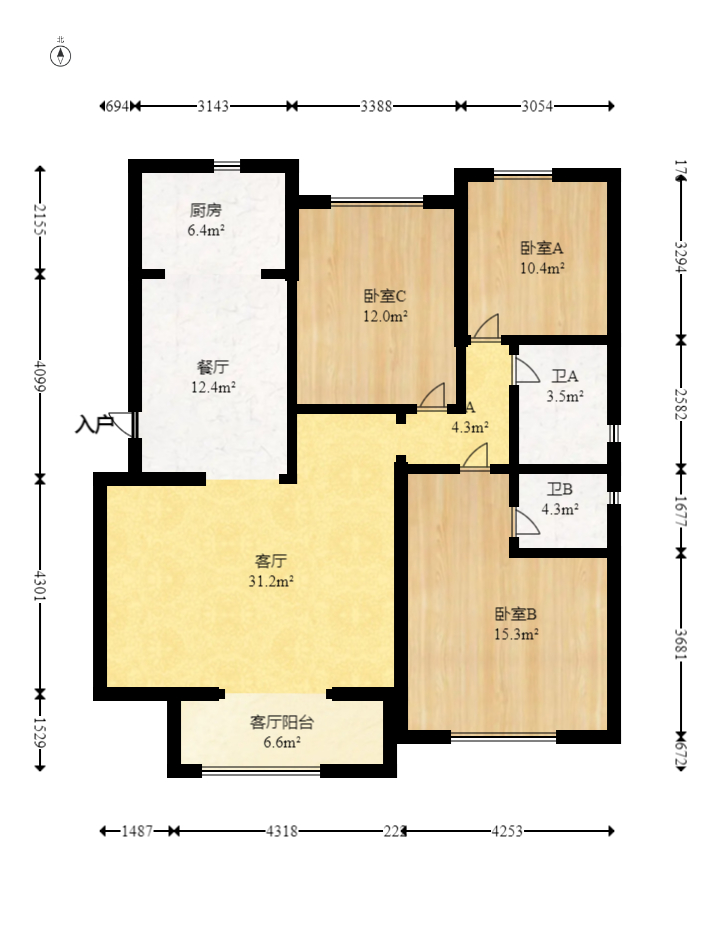 龙湖铂金中心（龙湖春江郦城）  3室2厅2卫   265.00万室内图1