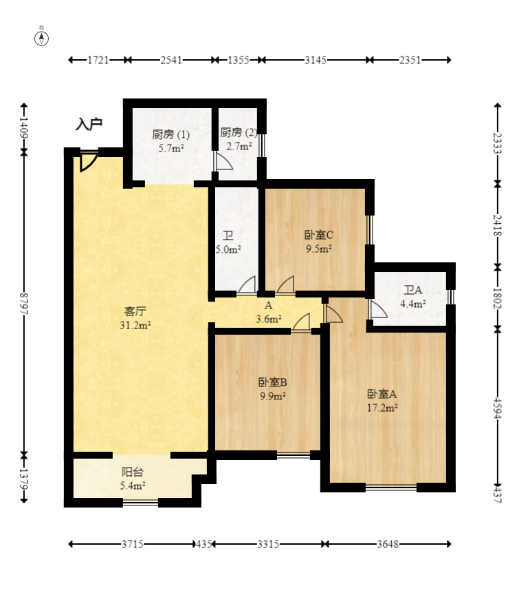 振业城三期  3室2厅2卫    152.0万室内图1