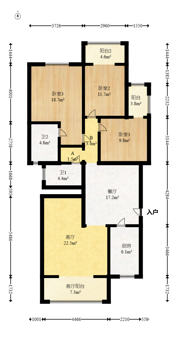 鑫远湘府华城  3室2厅2卫   166.00万室内图1